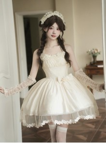 Wind Encounter Dew Series Classic Lolita Apricot Lace Light Chiffon Halter Neck Short Dress