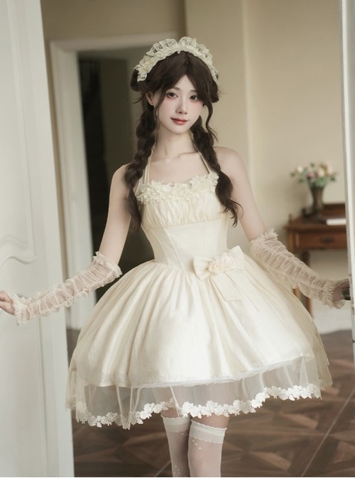Wind Encounter Dew Series Classic Lolita Apricot Lace Light Chiffon Halter Neck Short Dress