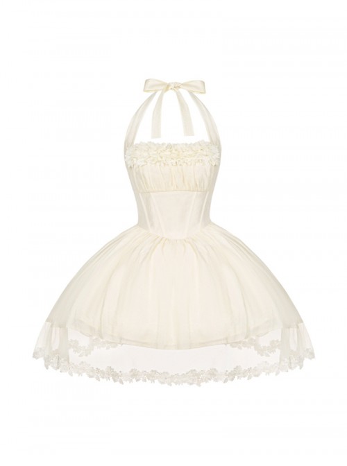 Wind Encounter Dew Series Classic Lolita Apricot Lace Light Chiffon Halter Neck Short Dress