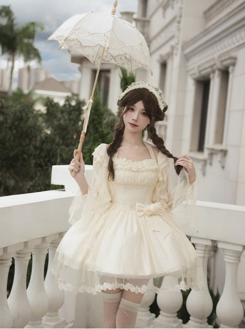 Wind Encounter Dew Series Classic Lolita Apricot Lace Light Chiffon Halter Neck Short Dress