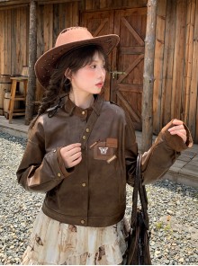 Autumn Winter Kawaii Fashion Brown Sweet Cool Steampunk Western Cowboy Style Leather Jacket