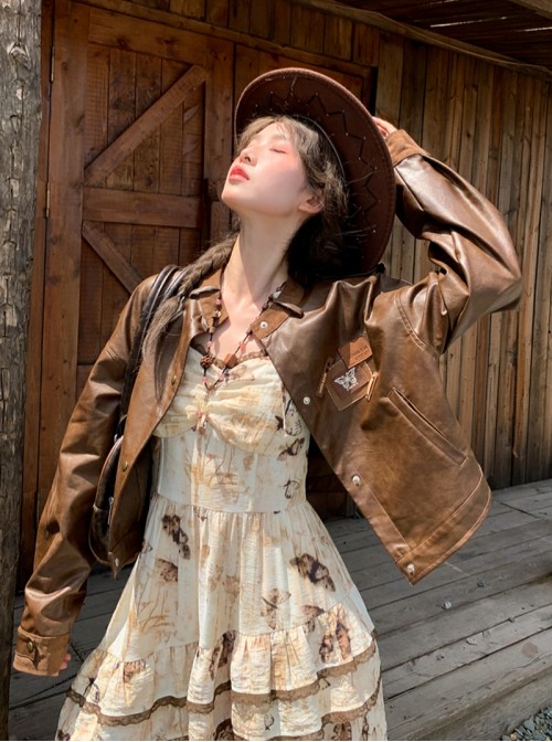 Autumn Winter Kawaii Fashion Brown Sweet Cool Steampunk Western Cowboy Style Leather Jacket