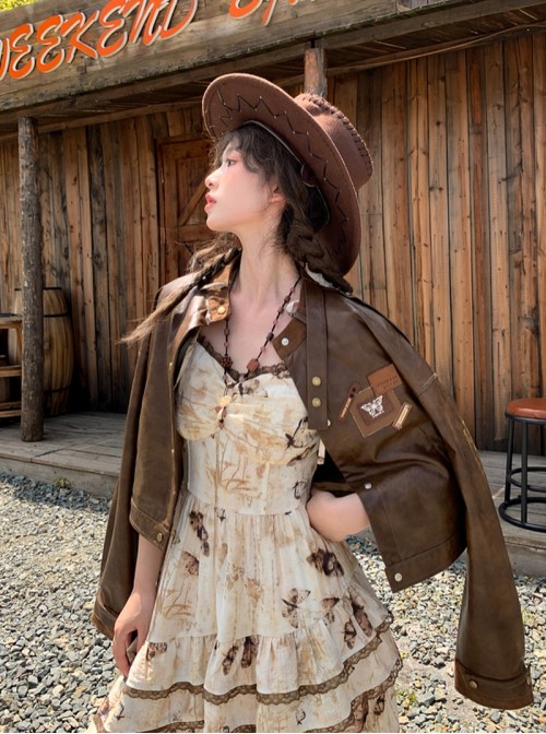 Autumn Winter Kawaii Fashion Brown Sweet Cool Steampunk Western Cowboy Style Leather Jacket