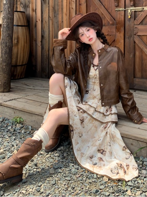 Autumn Winter Kawaii Fashion Brown Sweet Cool Steampunk Western Cowboy Style Leather Jacket