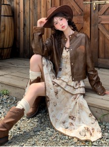 Autumn Winter Retro Kawaii Fashion Brown Sweet Cool Western Desert Irregular Hem Sleeveless Dress