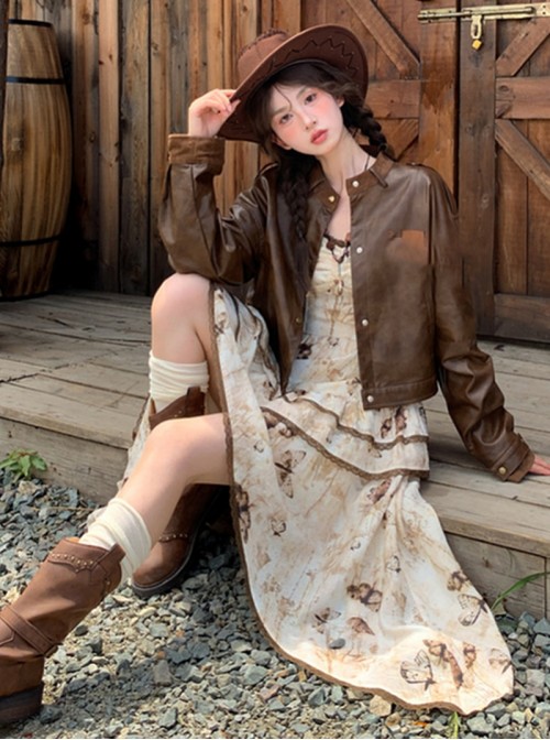 Autumn Winter Retro Kawaii Fashion Brown Sweet Cool Western Desert Irregular Hem Sleeveless Dress