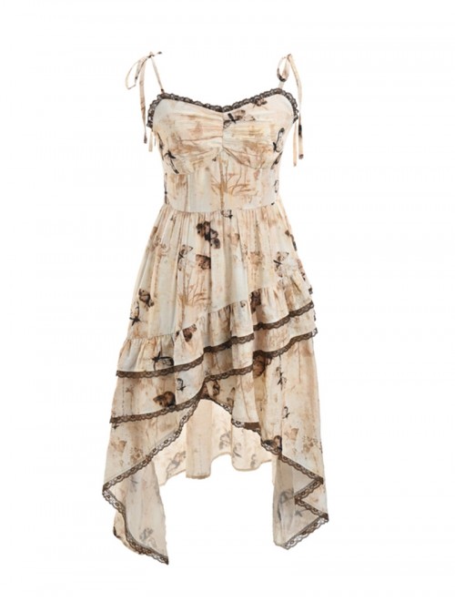 Autumn Winter Retro Kawaii Fashion Brown Sweet Cool Western Desert Irregular Hem Sleeveless Dress