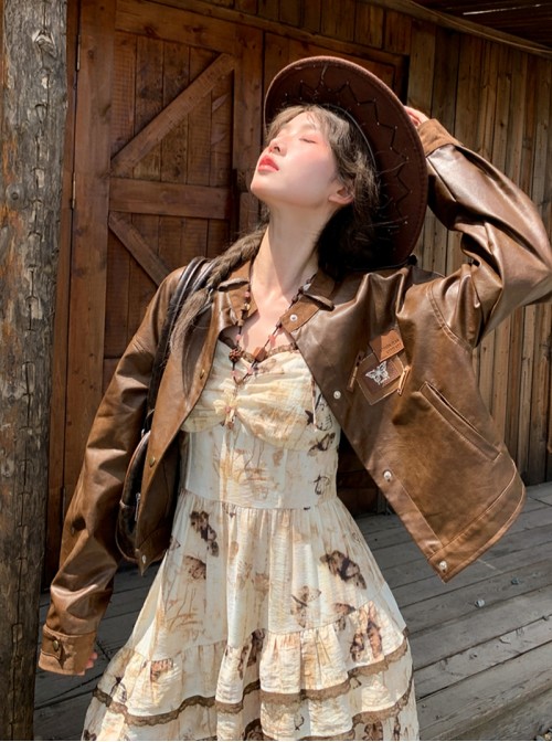 Autumn Winter Retro Kawaii Fashion Brown Sweet Cool Western Desert Irregular Hem Sleeveless Dress
