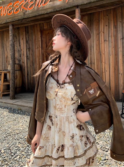 Autumn Winter Retro Kawaii Fashion Brown Sweet Cool Western Desert Irregular Hem Sleeveless Dress