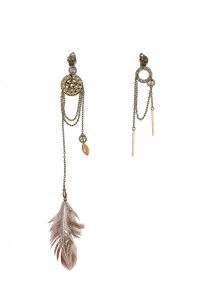 Wasteland Style Brown Steampunk Lolita Asymmetrical Feather Brown Copper Long Chain Earrings