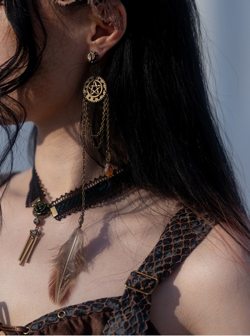 Wasteland Style Brown Steampunk Lolita Asymmetrical Feather Brown Copper Long Chain Earrings