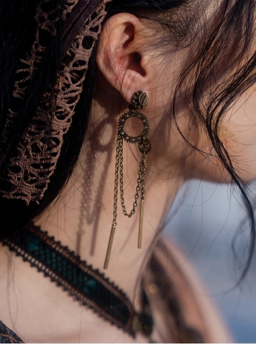 Wasteland Style Brown Steampunk Lolita Asymmetrical Feather Brown Copper Long Chain Earrings