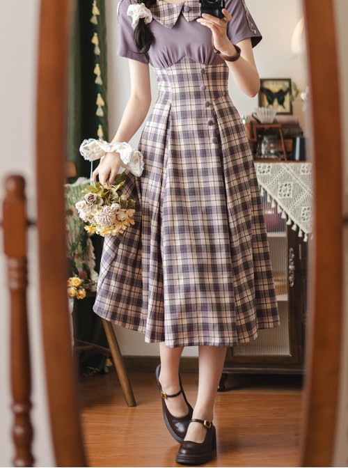 Sunny Forest Series Classic Lolita Daily Commute Slim Fit Checked Short Sleeve Dress