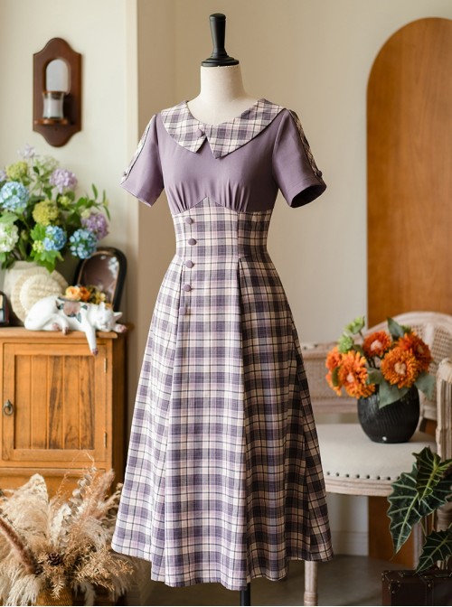 Sunny Forest Series Classic Lolita Daily Commute Slim Fit Checked Short Sleeve Dress