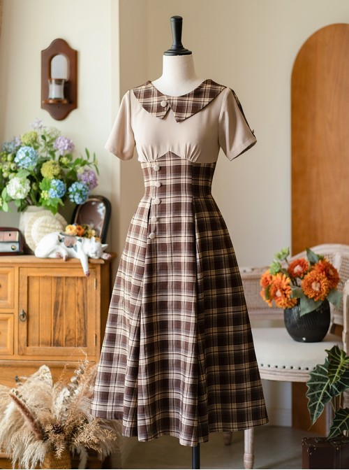 Sunny Forest Series Classic Lolita Daily Commute Slim Fit Checked Short Sleeve Dress
