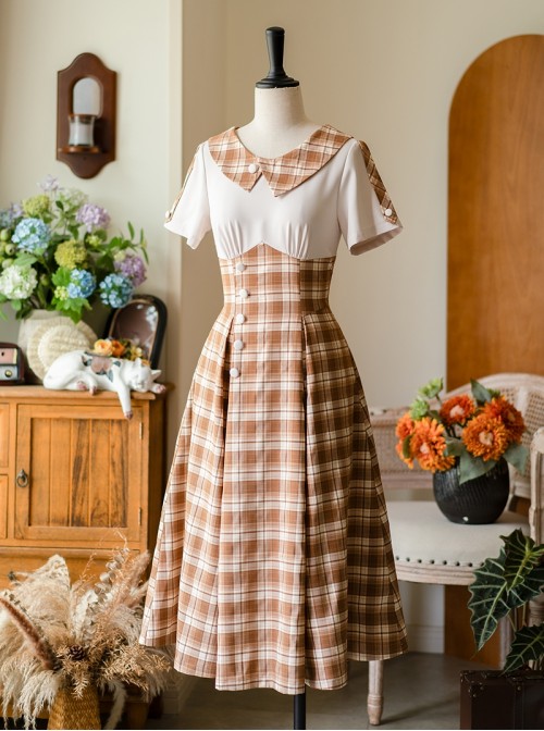 Sunny Forest Series Classic Lolita Daily Commute Slim Fit Checked Short Sleeve Dress