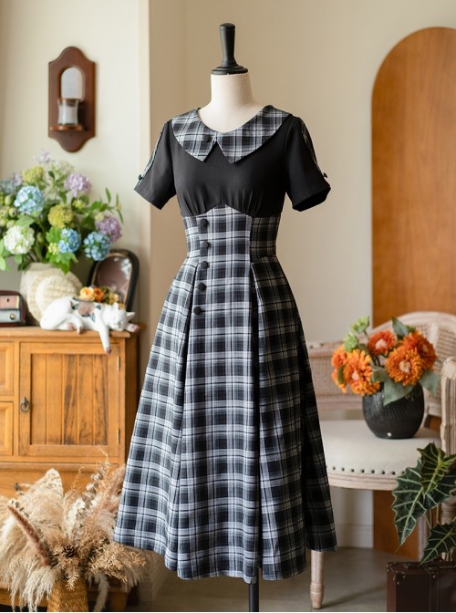 Sunny Forest Series Classic Lolita Daily Commute Slim Fit Checked Short Sleeve Dress