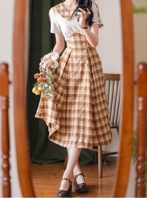 Sunny Forest Series Classic Lolita Daily Commute Slim Fit Checked Short Sleeve Dress