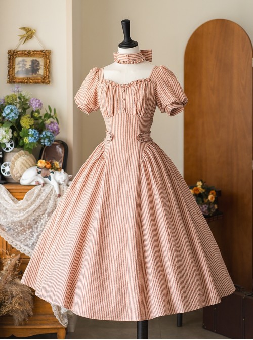 Sunny Forest Series Classic Lolita Daily Commute Fit Checked Short Puff Sleeve Dress