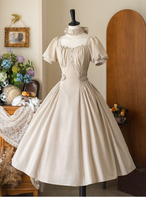 Sunny Forest Series Classic Lolita Daily Commute Fit Checked Short Puff Sleeve Dress
