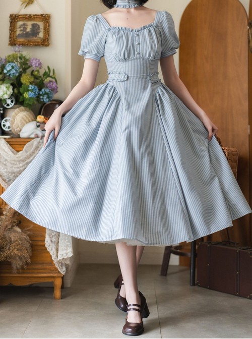 Sunny Forest Series Classic Lolita Daily Commute Fit Checked Short Puff Sleeve Dress