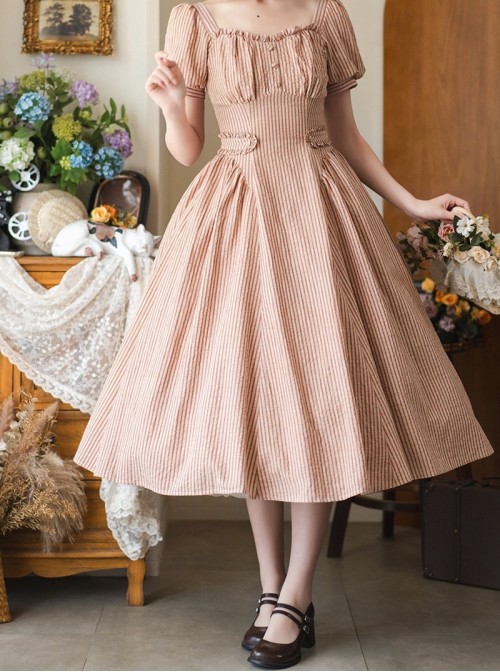 Sunny Forest Series Classic Lolita Daily Commute Fit Checked Short Puff Sleeve Dress