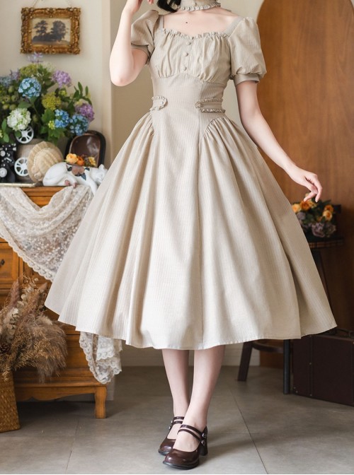 Sunny Forest Series Classic Lolita Daily Commute Fit Checked Short Puff Sleeve Dress