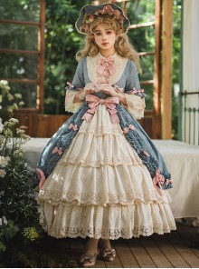 Lilica Garden Series Classic Lolita Luxurious Rose Print Lace Sleeves Big Bowknot Brooch Bonnet Gloves Set