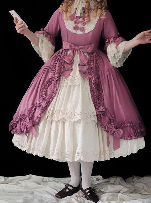 Lilica Garden Series Classic Lolita Luxurious Rose Print Lace Sleeves Big Bowknot Brooch Bonnet Gloves Set