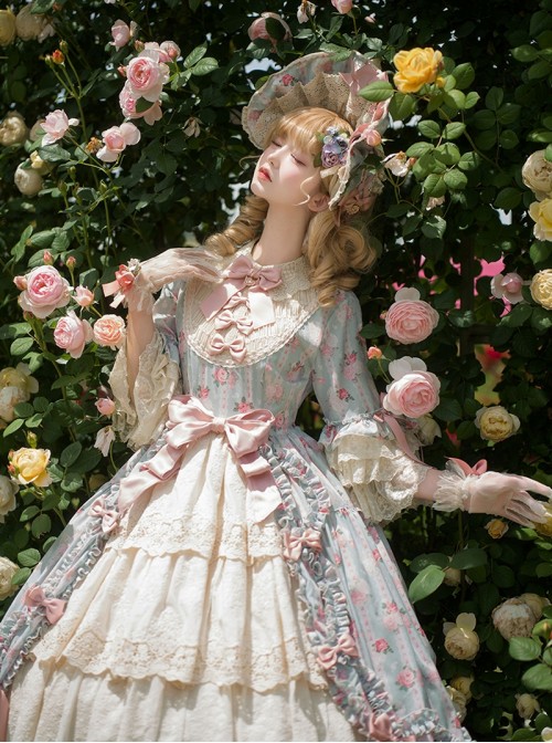 Lilica Garden Series Classic Lolita Luxurious Rose Print Lace Sleeves Big Bowknot Brooch Bonnet Gloves Set