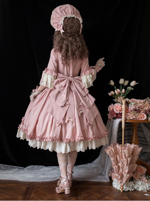 Lilica Garden Series Classic Lolita Luxurious Rose Print Lace Sleeves Big Bowknot Brooch Bonnet Gloves Set
