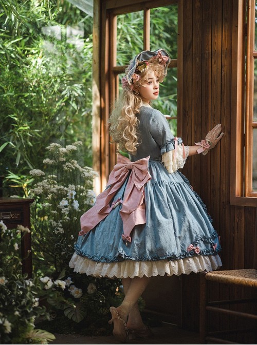 Lilica Garden Series Classic Lolita Luxurious Rose Print Lace Sleeves Big Bowknot Brooch Bonnet Gloves Set
