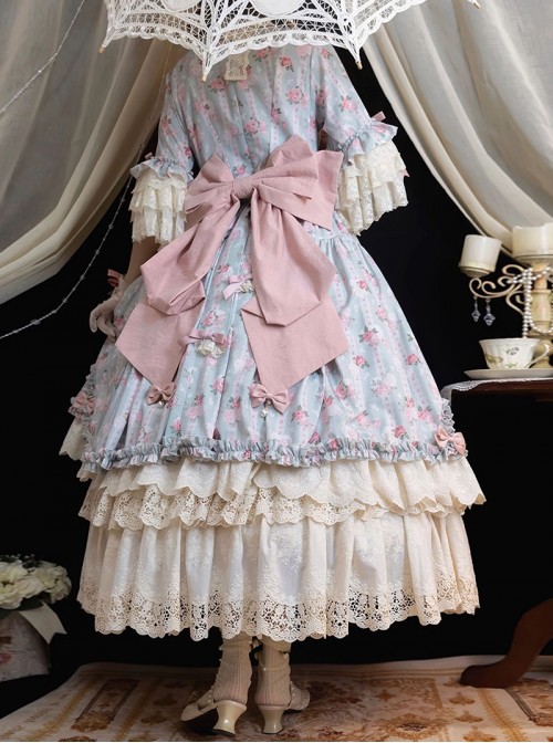 Lilica Garden Series Classic Lolita Luxurious Rose Print Lace Sleeves Big Bowknot Brooch Bonnet Gloves Set