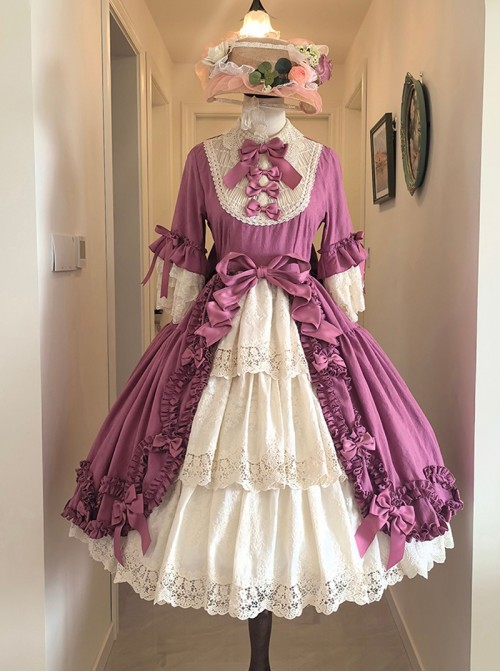 Lilica Garden Series Classic Lolita Luxurious Rose Print Lace Sleeves Big Bowknot Brooch Bonnet Gloves Set
