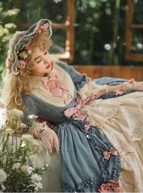 Lilica Garden Series Classic Lolita Luxurious Rose Print Lace Sleeves Big Bowknot Brooch Bonnet Gloves Set
