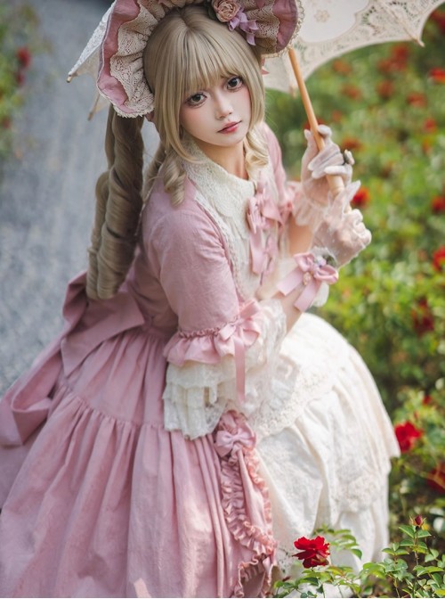 Lilica Garden Series Classic Lolita Luxurious Rose Print Lace Sleeves Big Bowknot Brooch Bonnet Gloves Set