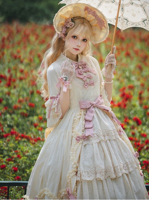 Lilica Garden Series Classic Lolita Luxurious Rose Print Lace Sleeves Big Bowknot Brooch Bonnet Gloves Set
