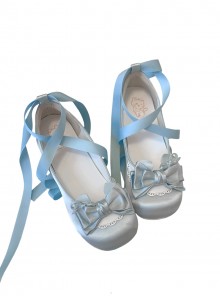 Ballet Meow Series Sweet Lolita Round Toe Bowknot Lace Satin Ribbon Mid Heel Mary Jane Shoes