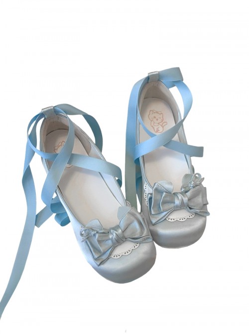 Ballet Meow Series Sweet Lolita Round Toe Bowknot Lace Satin Ribbon Mid Heel Mary Jane Shoes