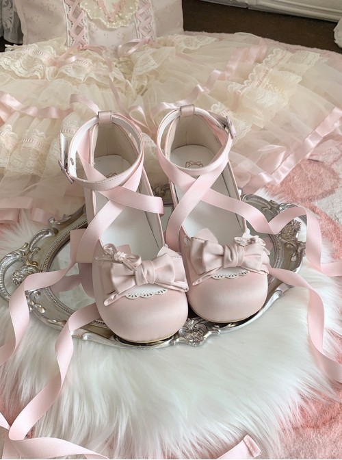 Ballet Meow Series Sweet Lolita Round Toe Bowknot Lace Satin Ribbon Mid Heel Mary Jane Shoes