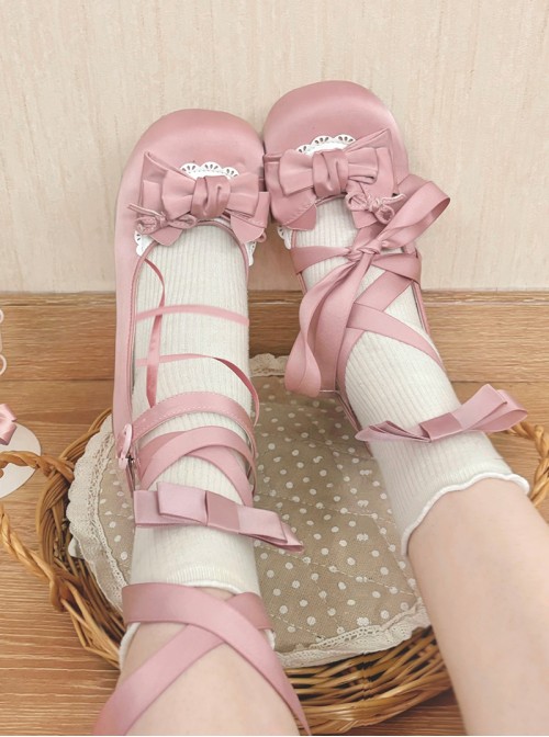 Ballet Meow Series Sweet Lolita Round Toe Bowknot Lace Satin Ribbon Mid Heel Mary Jane Shoes