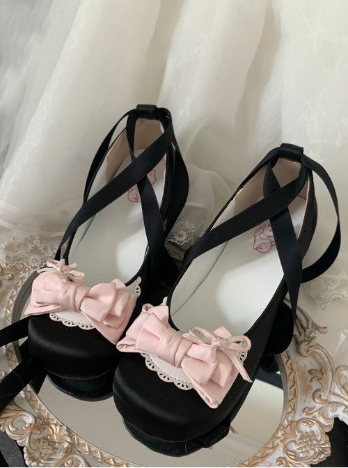 Ballet Meow Series Sweet Lolita Round Toe Bowknot Lace Satin Ribbon Mid Heel Mary Jane Shoes