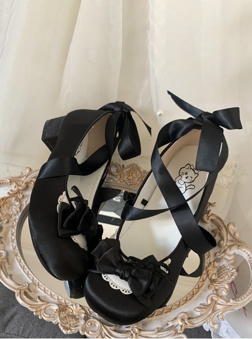 Ballet Meow Series Sweet Lolita Round Toe Bowknot Lace Satin Ribbon Mid Heel Mary Jane Shoes