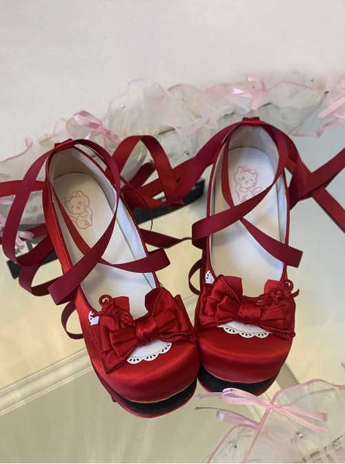 Ballet Meow Series Sweet Lolita Round Toe Bowknot Lace Satin Ribbon Mid Heel Mary Jane Shoes