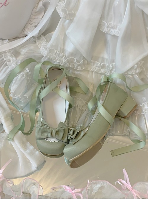 Ballet Meow Series Sweet Lolita Round Toe Bowknot Lace Satin Ribbon Mid Heel Mary Jane Shoes