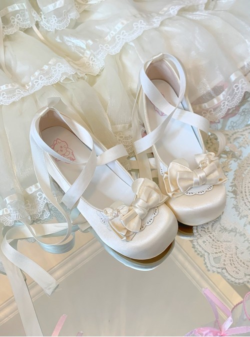 Ballet Meow Series Sweet Lolita Round Toe Bowknot Lace Satin Ribbon Mid Heel Mary Jane Shoes