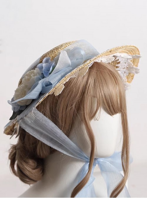Summer Spring Classic Lolita Vintage Elegant Lady Lace Ribbon Flower Straw Flat Cap