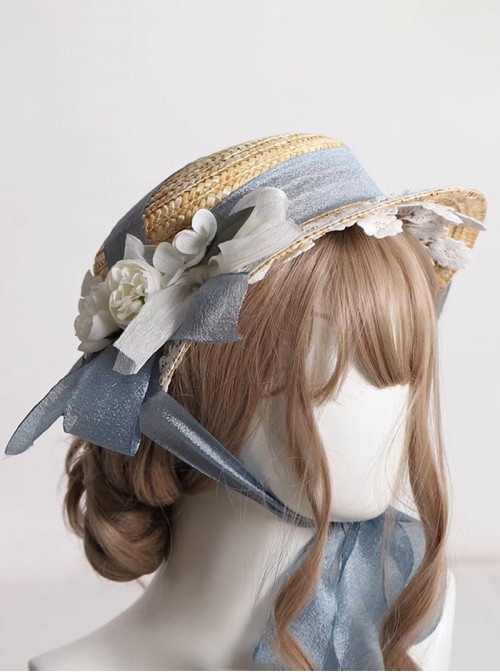 Summer Spring Classic Lolita Vintage Elegant Lady Lace Ribbon Flower Straw Flat Cap