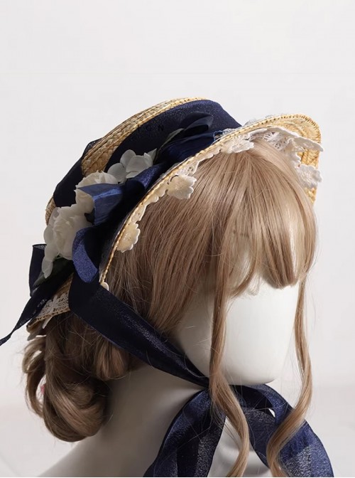 Summer Spring Classic Lolita Vintage Elegant Lady Lace Ribbon Flower Straw Flat Cap