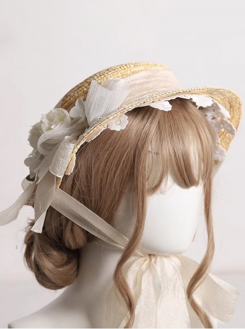 Summer Spring Classic Lolita Vintage Elegant Lady Lace Ribbon Flower Straw Flat Cap